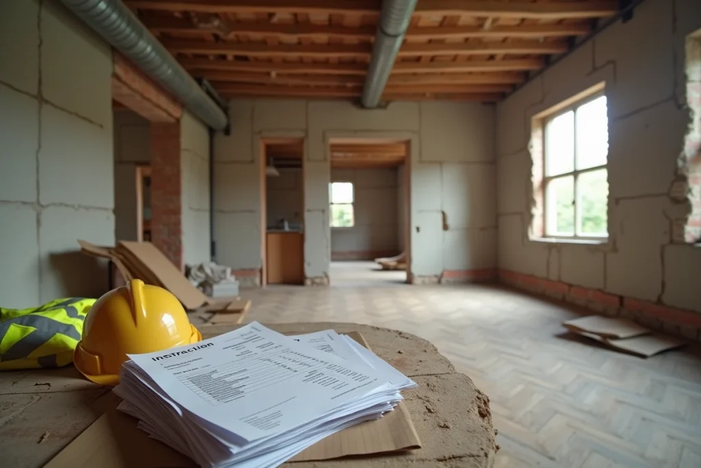 Chantier de rénovation immobilière avec factures de travaux et documents TVA posés sur une table de chantier