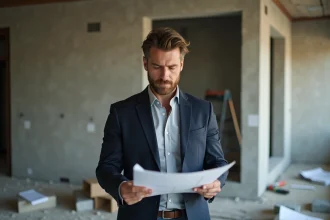 Marchand de biens examinant des plans de rénovation dans un appartement en travaux pour optimiser la récupération de TVA