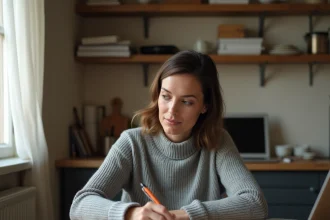 Femme rédigeant une lettre de congé locataire à son bureau dans un appartement français