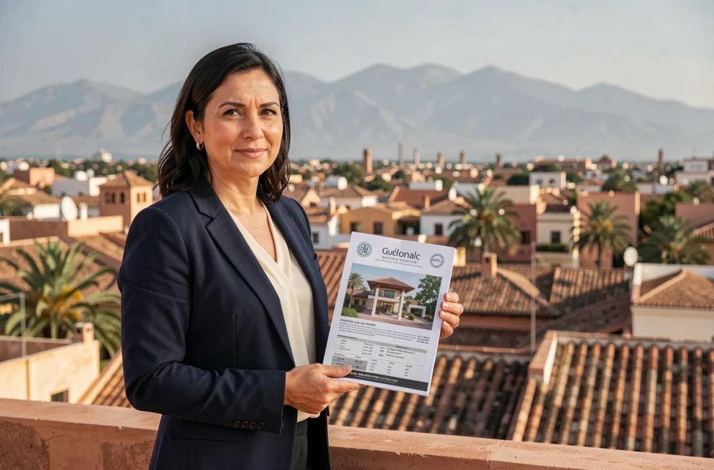 Agent immobilier présentant des appartements à vendre à Guéliz Marrakech depuis une terrasse avec vue sur la ville