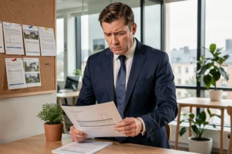 Agent immobilier en costume marine examinant un contrat de vente dans une agence immobilière moderne, illustrant la responsabilité professionnelle en cas de tromperie