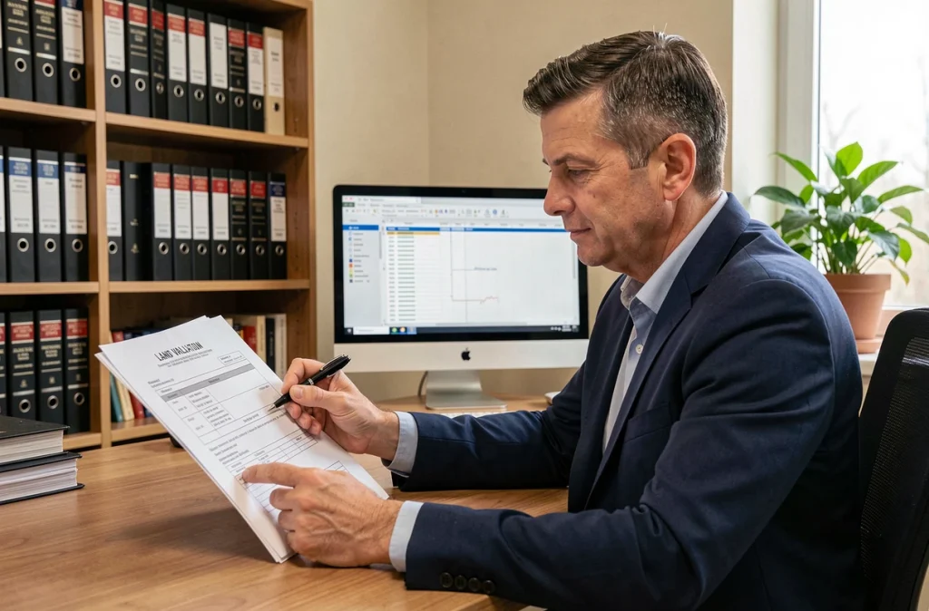 Agent immobilier masculin examinant une estimation foncière à son bureau dans un cabinet notarial moderne