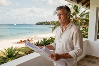 Agent immobilier tenant des plans de villa de luxe à l'île Maurice avec vue sur un lagon désert, illustrant les risques d'investissement lié au tourisme