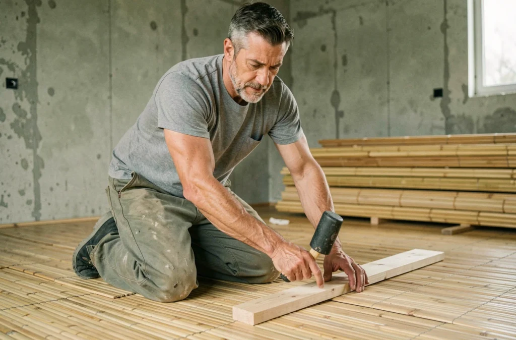 Artisan posant un parquet en bambou écologique dans un appartement en cours de rénovation intérieure