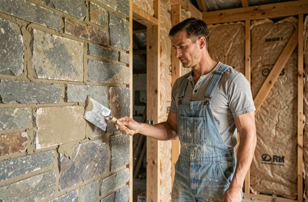 Artisan rénovant un mur en pierre d'une ancienne grange avec enduit à la chaux lors de travaux de réhabilitation
