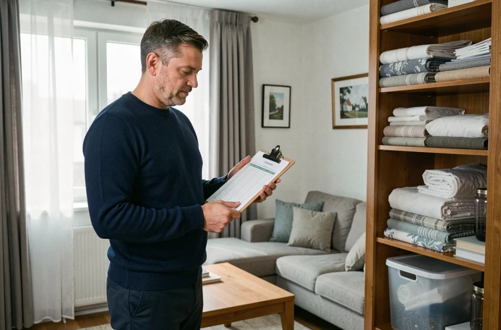 Propriétaire bailleur contrôlant l'inventaire du mobilier obligatoire dans un appartement meublé selon la loi Alur