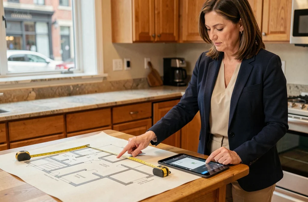 Femme professionnelle analysant des plans de surface en m2 avec un mètre ruban sur une table