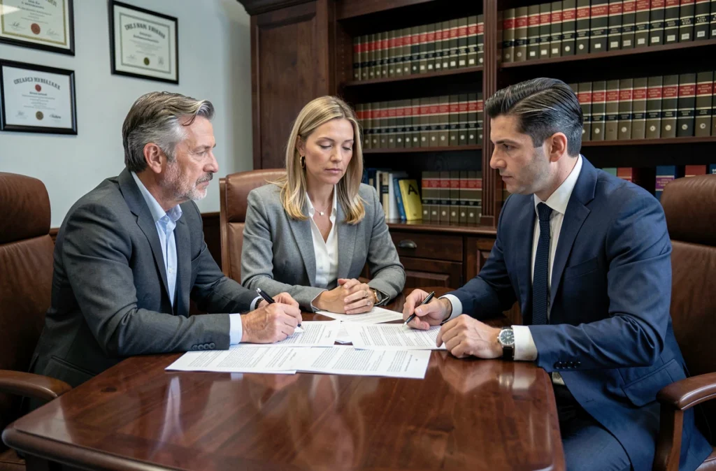 Couple de propriétaires en consultation juridique avec un avocat pour annulation d'une vente immobilière en cas de tromperie