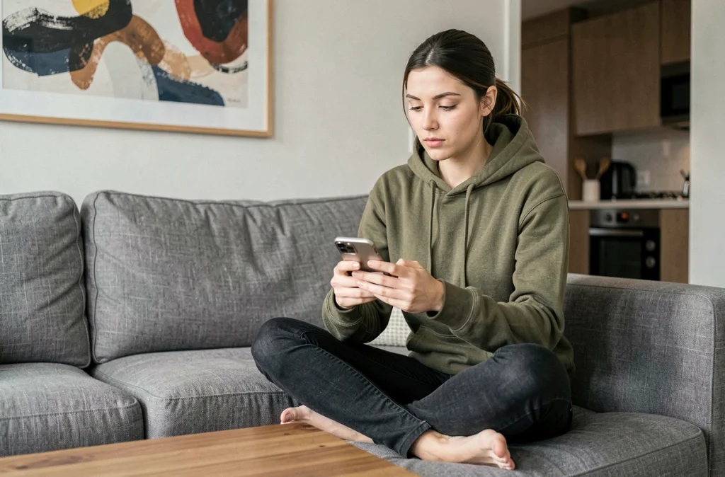 Jeune femme consultant des annonces de location sur smartphone depuis son salon pour optimiser sa sélection de logement