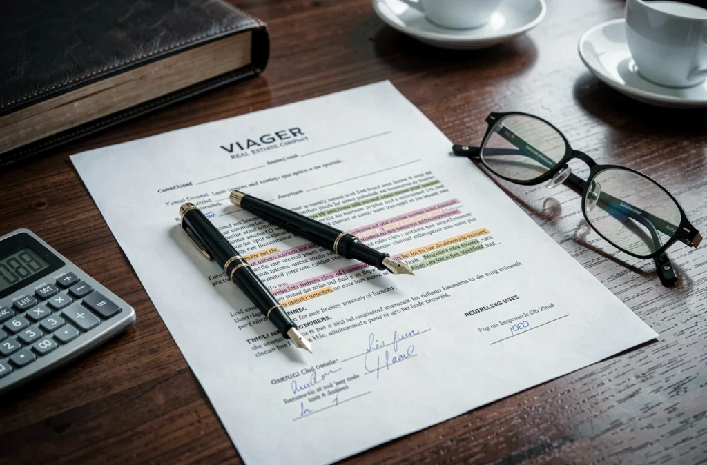 Vue rapprochée d'un contrat de viager avec stylo plume, calculatrice et notes manuscrites sur un bureau en bois sombre