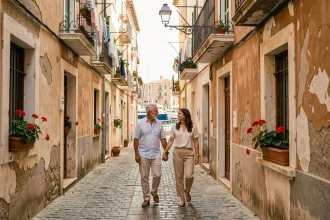 Couple se promenant dans les ruelles historiques du quartier du Panier à Marseille, façades colorées et pavés anciens