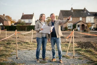 Couple debout sur un terrain constructible vide en banlieue, tenant des plans architecturaux, entouré de piquets d'arpentage