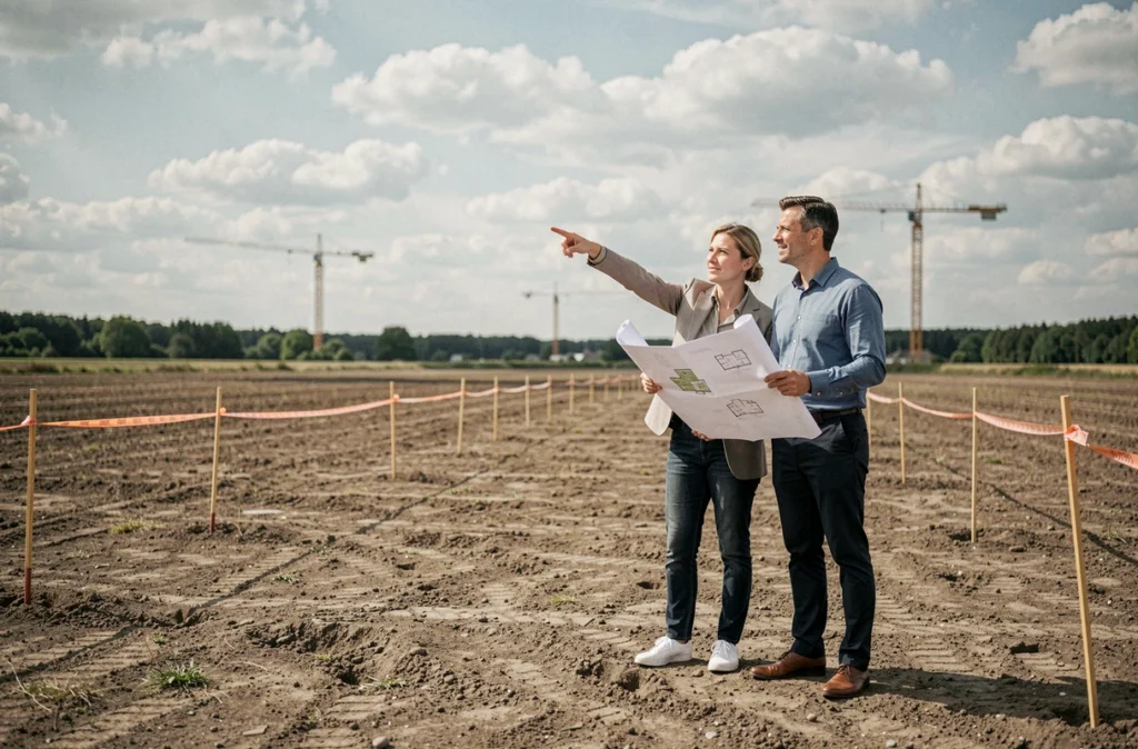 Couple debout sur un terrain à construire vide tenant des plans de construction, évoquant les étapes d'achat et les frais de notaire