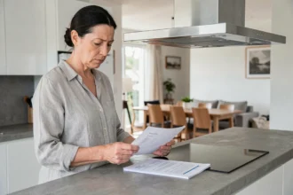 Femme consultant des documents administratifs pour une déclaration H2 cuisine ouverte dans un appartement moderne