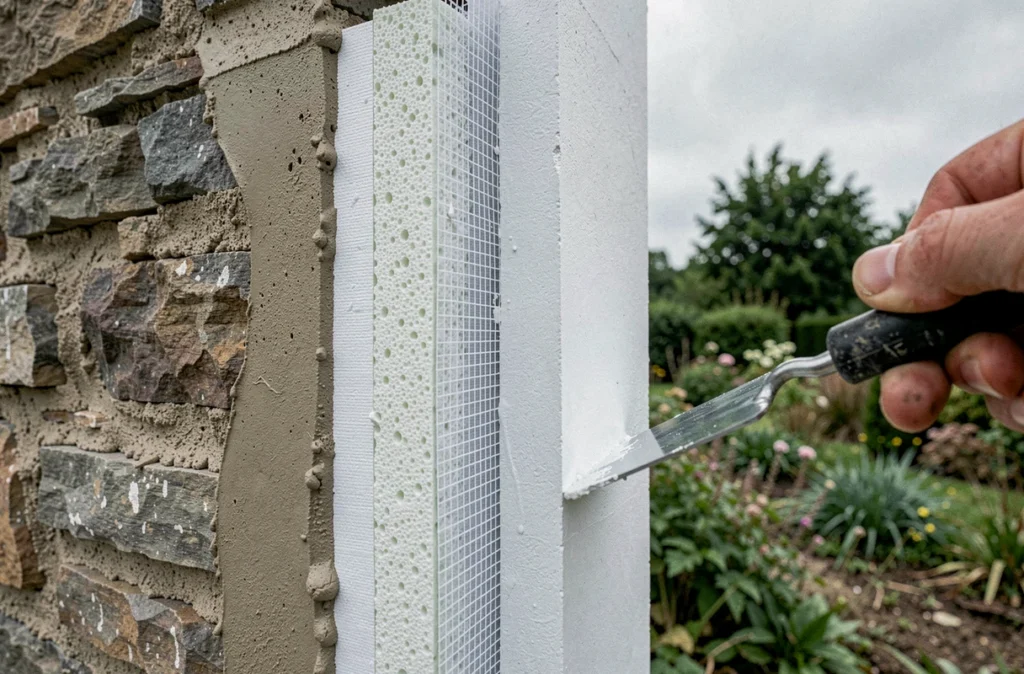 Détail en coupe des couches d'isolation thermique par l'extérieur sur un mur de maison en rénovation