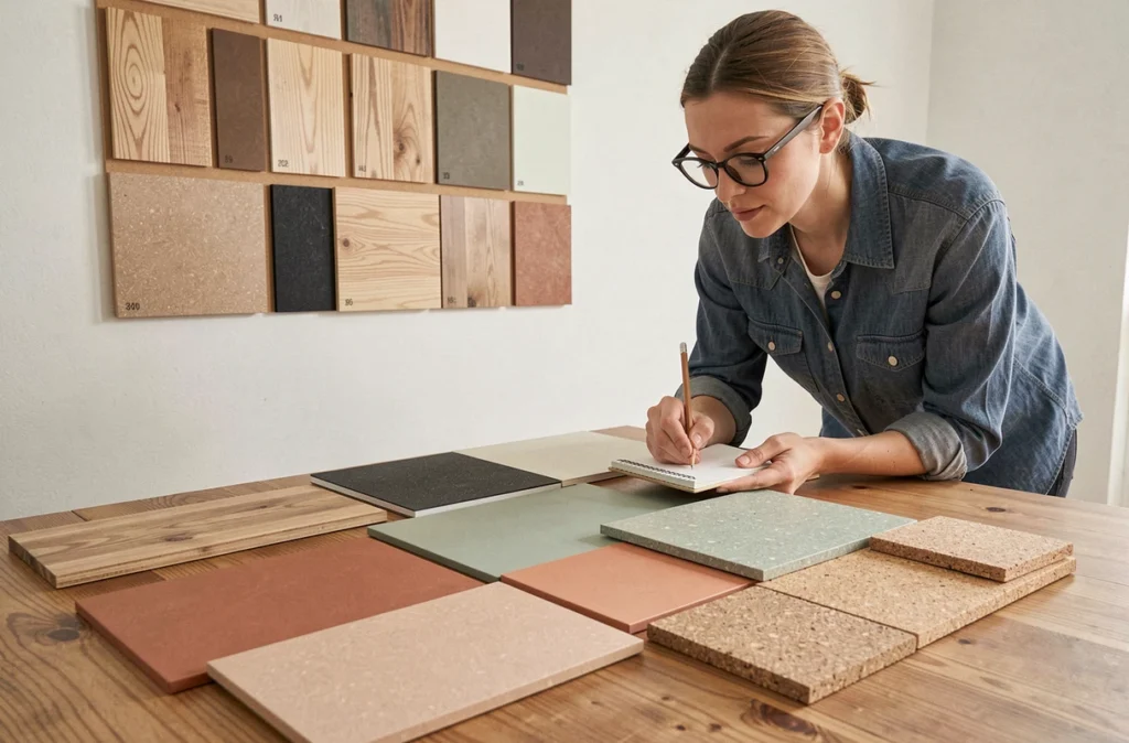 Designer d'intérieur comparant des échantillons de revêtements de sol écologiques durables dans un studio de conception