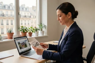 Agente immobilière à Lyon consultant une estimation de loyer sur des documents imprimés dans un bureau moderne avec vue sur la ville