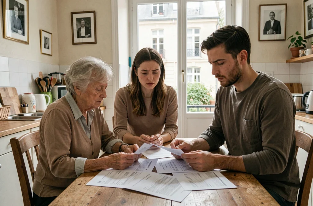 Une femme âgée et un jeune couple discutant des frais de notaire d'un contrat de viager autour d'une table
