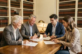 Famille multigénérationnelle réunissant parents et enfants adultes autour de documents légaux relatifs à une SCI familiale chez un notaire