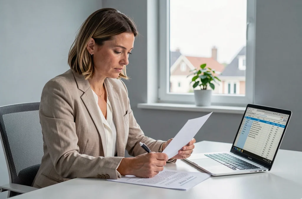 Femme lisant un acte notarié et consultant un tableau de frais sur ordinateur pour l'achat d'un terrain à construire