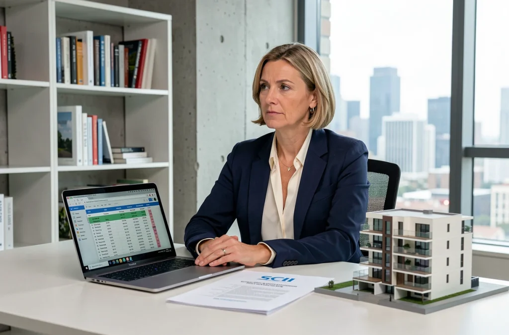 Femme entrepreneur analysant les statuts d'une SCI familiale et les actifs immobiliers depuis son bureau à domicile avec un ordinateur portable