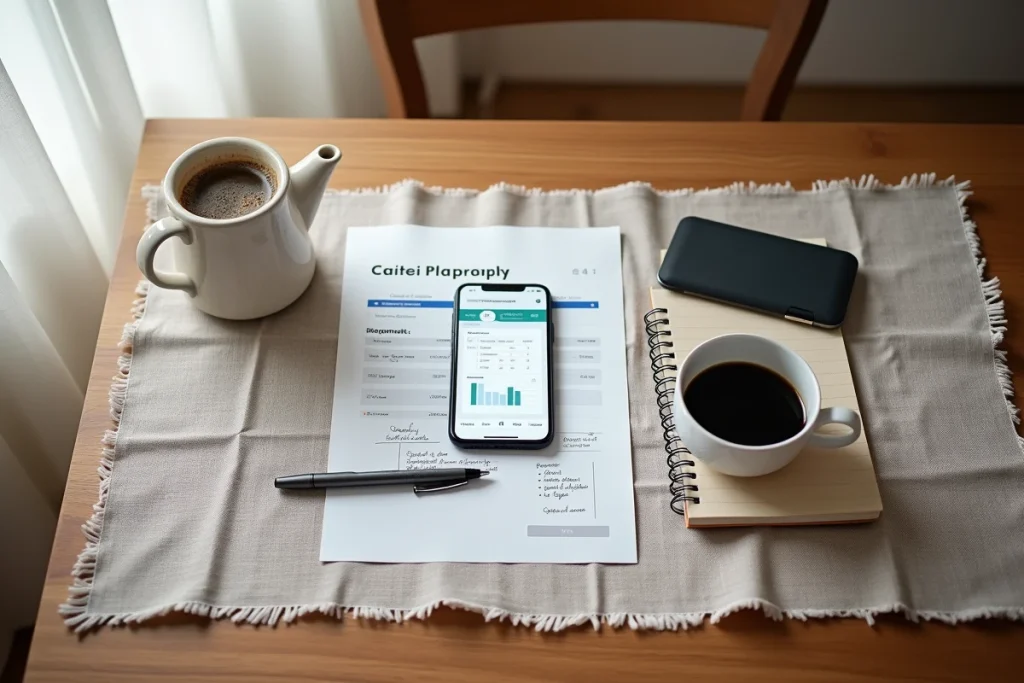 Vue de dessus d'un espace de travail avec annonces de gîtes imprimées et application de gestion locative sur smartphone