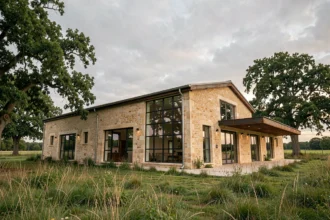 Extérieur d'une grange en pierre rénovée en maison moderne avec grandes fenêtres industrielles et extension contemporaine en zone rurale