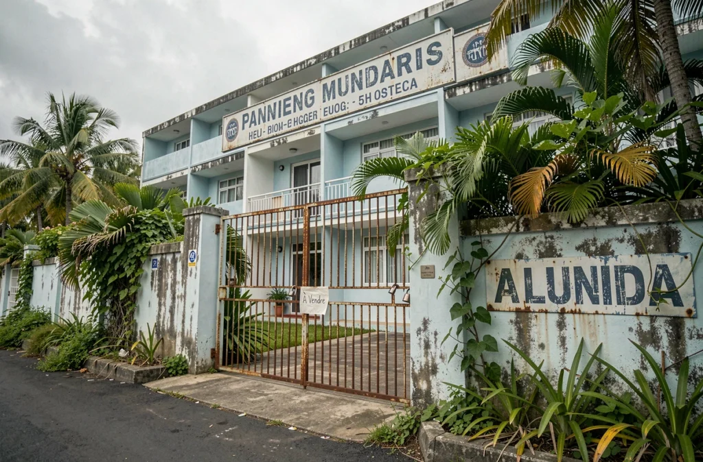 Façade d'hôtel balnéaire fermé à vendre à l'île Maurice, symbole de la fragilité de l'investissement immobilier dépendant du tourisme