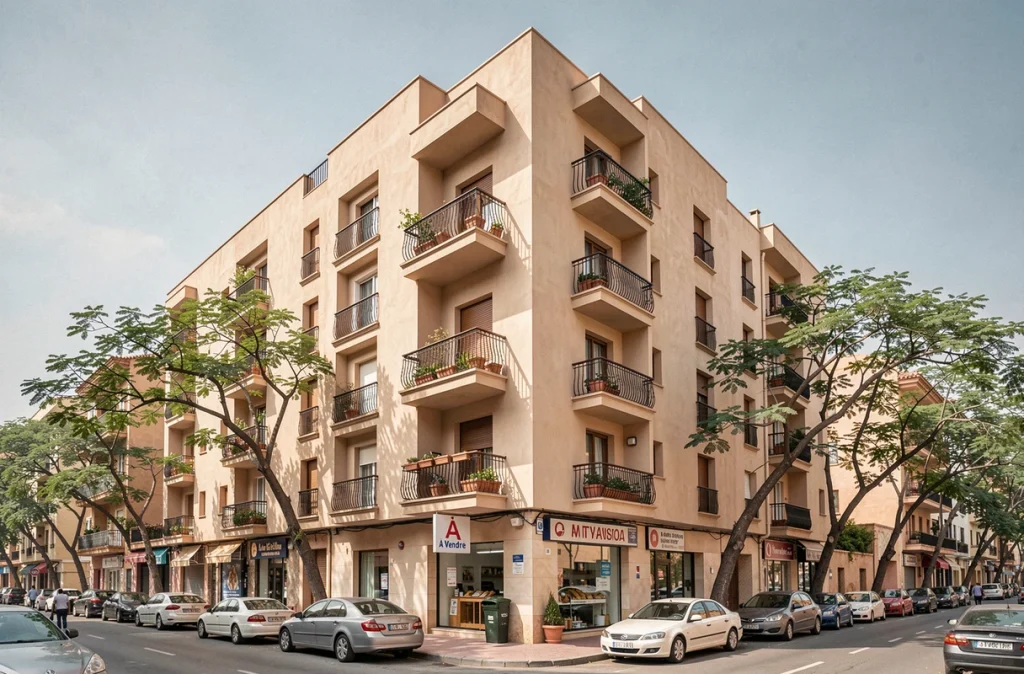 Façade d'un immeuble résidentiel avec appartements à vendre dans le quartier Guéliz à Marrakech