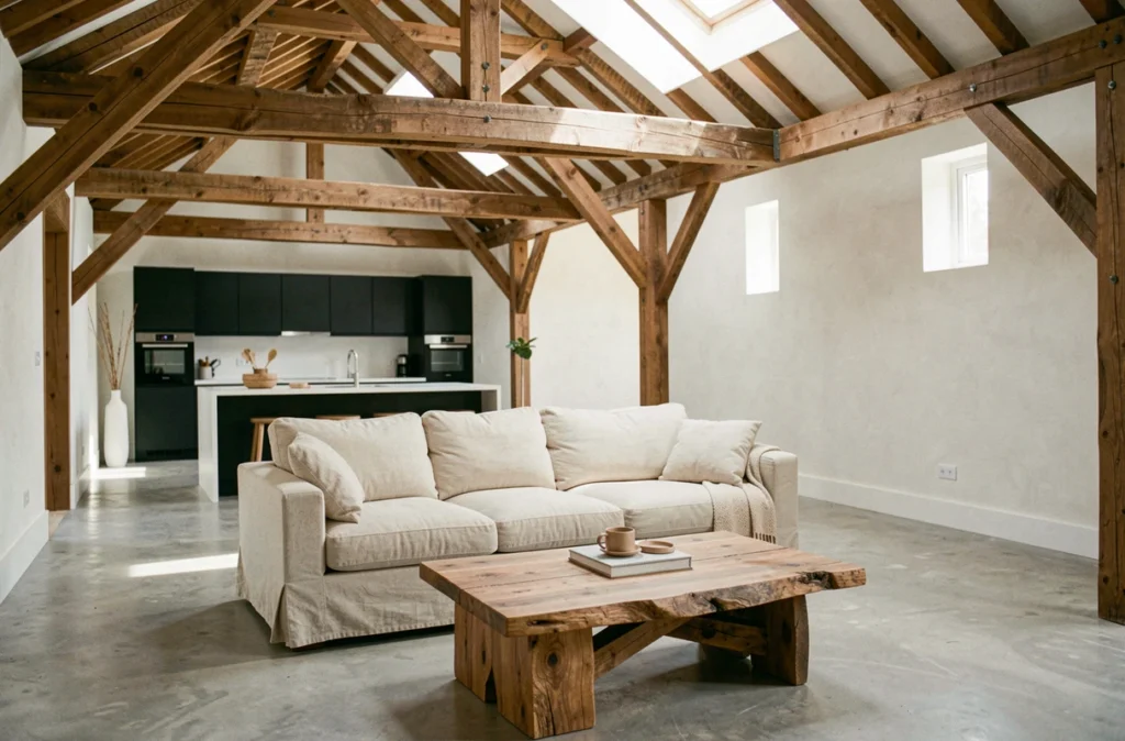 Intérieur d'une grange convertie en espace de vie moderne avec poutres apparentes, sol en béton poli et cuisine minimaliste