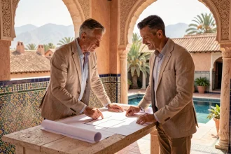 Investisseur étranger consultant des plans architecturaux pour un projet de villa à Marrakech sur une terrasse marocaine traditionnelle
