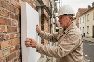 Ouvrier installant des panneaux d'isolation thermique par l'extérieur sur une maison en rénovation