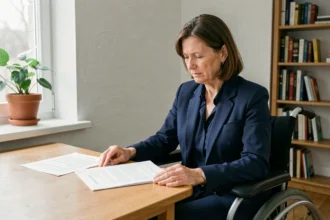 Femme en fauteuil roulant examinant un contrat de location dans un appartement adapté, illustrant les avantages locatifs pour les personnes handicapées