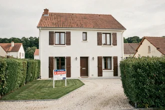 Maison à vendre avec panneau immobilier dans un quartier résidentiel proche de Saint-Nazaire