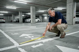 Ingénieur mesurant la largeur d'une place de parking en sous-sol avec un mètre ruban sur un sol en béton marqué de lignes blanches