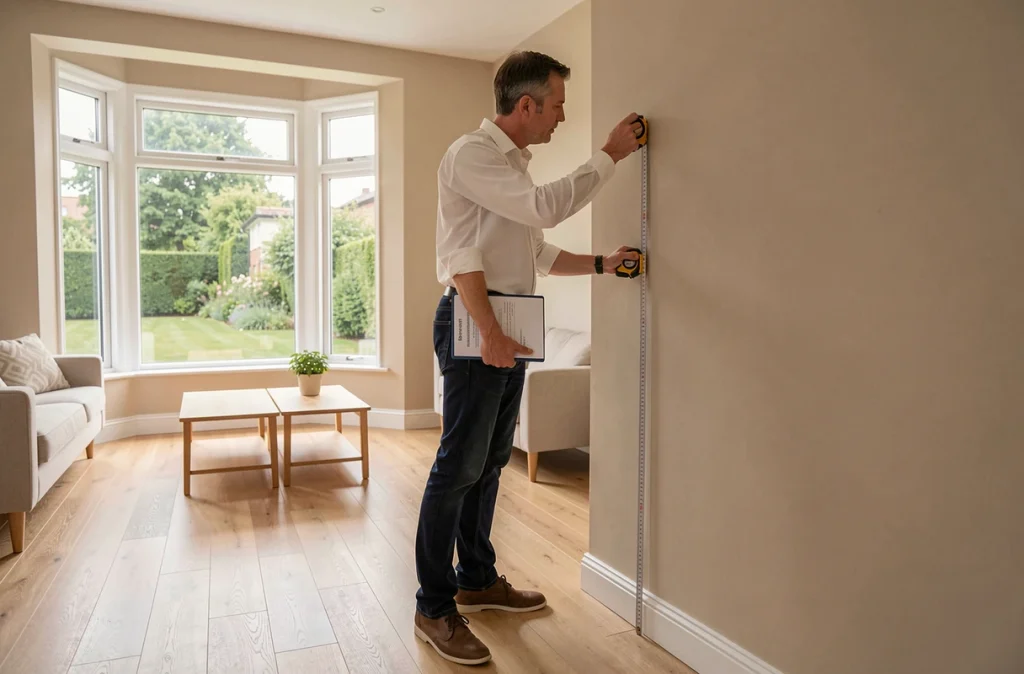 Agent immobilier mesurant la surface habitable d'un salon lors d'une visite de bien à vendre