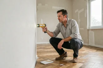 Homme mesurant la surface d'une pièce vide avec un télémètre laser lors d'une rénovation appartement
