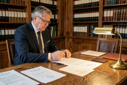 Notaire en costume marine relisant un contrat de viager dans son bureau classique aux étagères juridiques