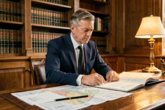 Notaire examinant des documents officiels liés aux frais de notaire pour un terrain à construire dans son étude