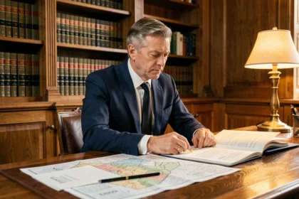 Notaire examinant des documents officiels liés aux frais de notaire pour un terrain à construire dans son étude