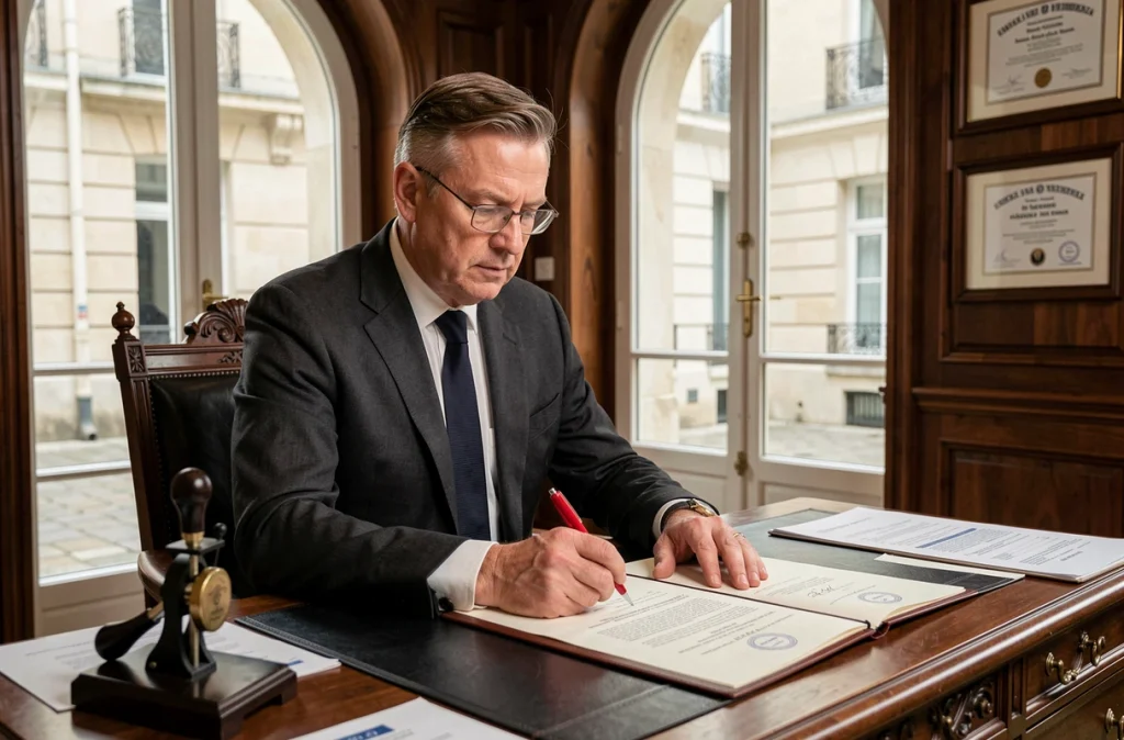 Notaire en costume sombre examinant des actes de propriété liés à une société civile immobilière dans son étude parisienne