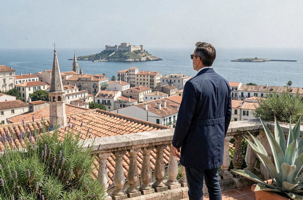 Homme contemplant le panorama sur les toits de Marseille et la mer depuis le quartier d'Endoume