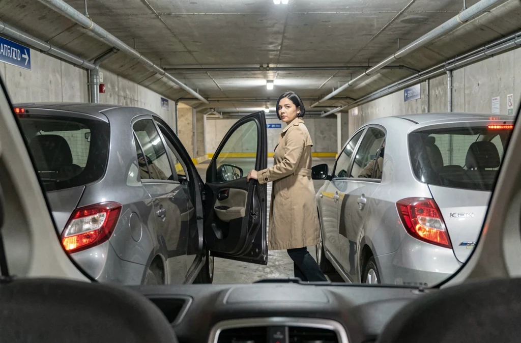 Femme sortant difficilement d'une voiture garée dans une place de parking en sous-sol trop étroite entre deux véhicules