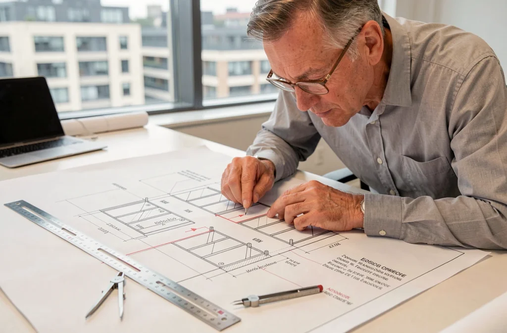 Architecte étudiant un plan technique de parking souterrain avec les dimensions réglementaires des places de stationnement sur une table à dessin