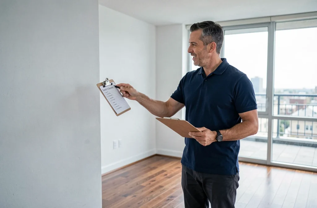 Propriétaire évaluant un appartement vide avant de publier une annonce de location avec des astuces pour attirer les locataires