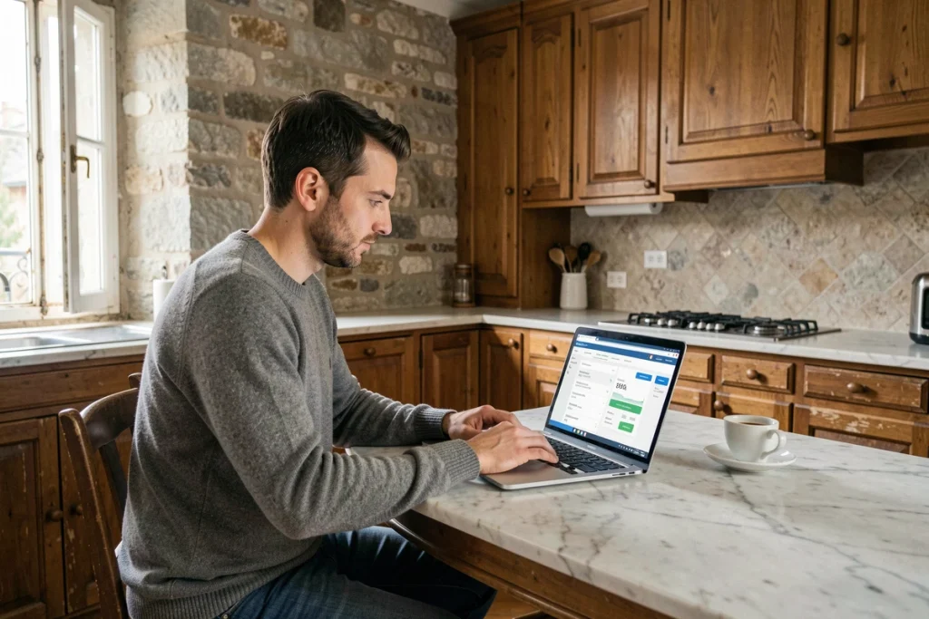 Propriétaire bailleur à Lyon consultant un outil d'estimation de loyer en ligne sur son ordinateur portable dans son appartement