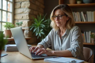 Propriétaire de gîte consultant ses annonces centralisées sur une plateforme de gestion locative en ligne depuis son bureau rustique