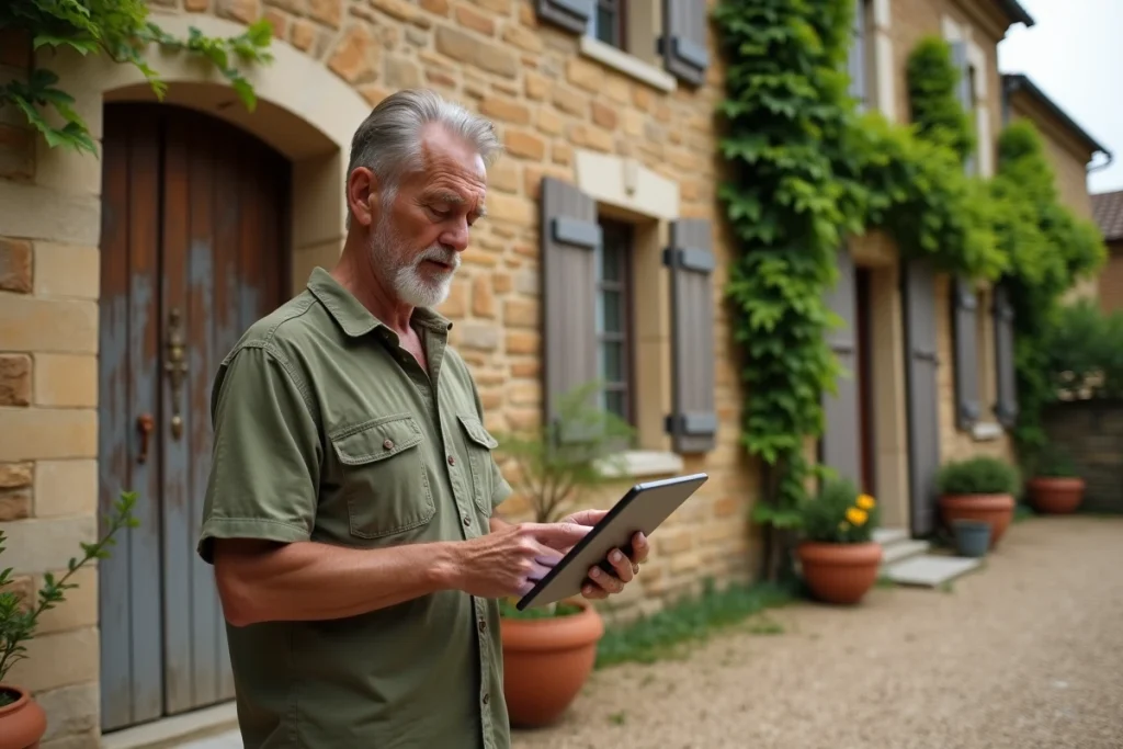 Propriétaire devant son gîte en pierre en France consultant une application de centralisation d'annonces sur tablette