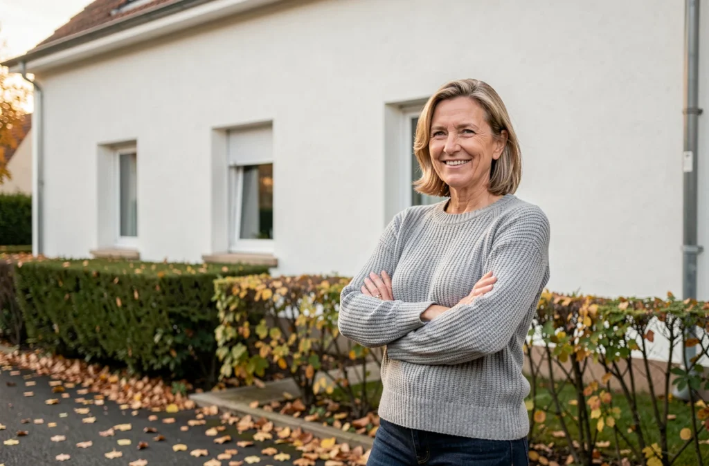 Propriétaire satisfaite devant la façade de sa maison rénovée avec isolation thermique par l'extérieur