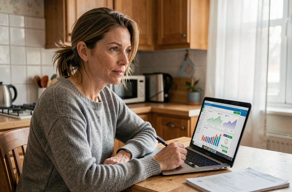 Propriétaire analysant les données de vacance locative sur un ordinateur portable, évaluant l'impact de la location à des personnes handicapées